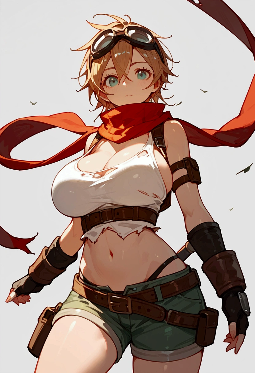 Girl, Barbarian, strong warrior, short blond hair, wearing simple armor and a brown apron with a belt, beautiful blue eyes, big breasts, exposed stomach, bare shoulders,