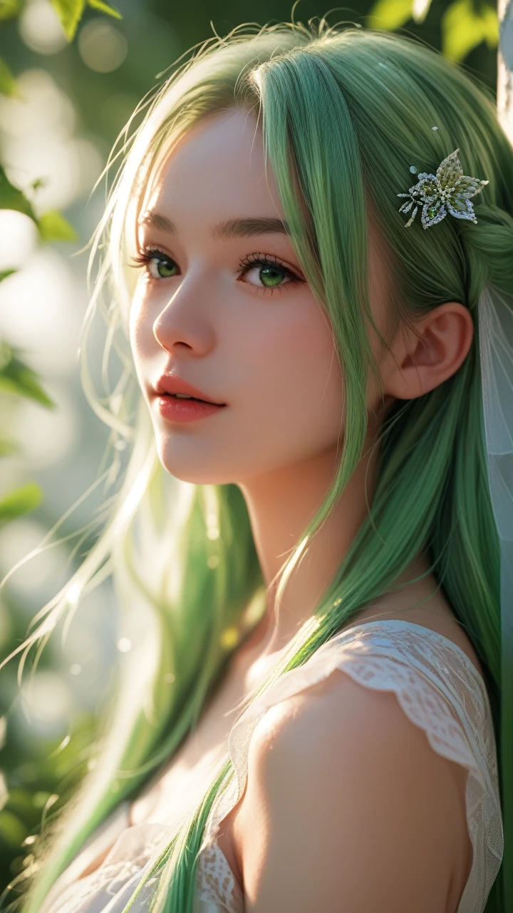 score_9, score_8_up, score_7_up, best quality, highres), green-haired girl with long hair, close-up of her face, wearing a white skirt, details of her eyes and face, bright colors, soft lighting, digital illustration, ethereal atmosphere