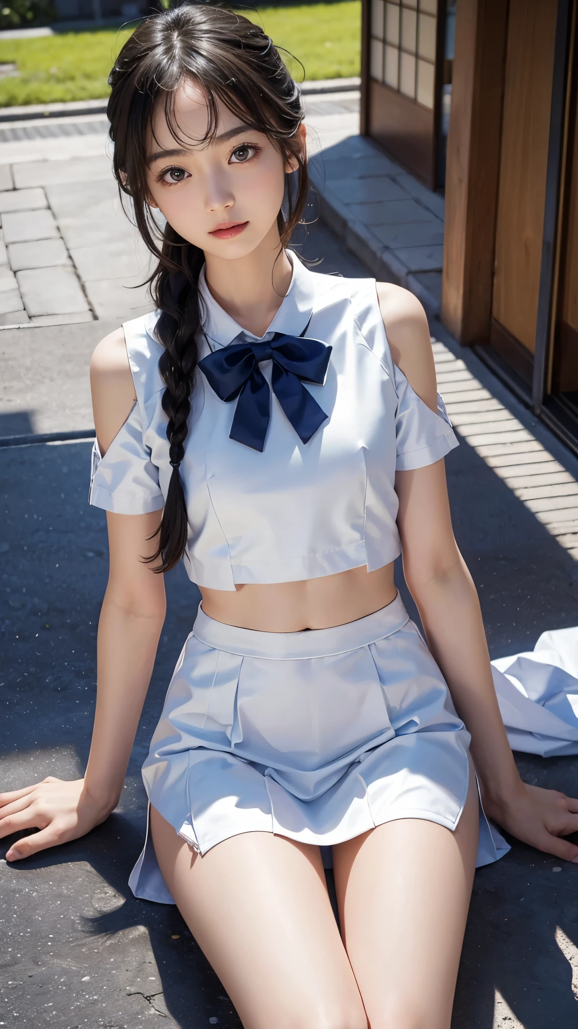 (masterpiece:1.2, highest quality), (realistic, photorealistic:1.4), beautiful illustrations, (natural side lighting, movie lighting), Depth of written boundary,
looking at the viewer, Front view, 1 girl, English, high school girl, 20 years old, perfect face, Cute symmetrical face, shiny skin, open legs,
(bob hair:1.7,blonde), asymmetrical bangs, Big eyes, droopy eyes, long eyelashes chest), thin,
beautiful hair, beautiful face, fine and beautiful eyes, beautiful clavicle, beautiful body, beautiful breasts, beautiful thighs, beautiful feet, beautiful fingers,
((fine fabric texture, brown knit vest, short sleeve white collar shirt, navy pleated skirt, Navy bow tie)),
(beautiful scenery), evening, (Inside the flower shop), Are standing, (smile, Upper grade, open your mouth), (((skirt lift, panties, genitals visible))), full body shot, dark blue socks, sexy face, inverted nipples, ((small vibrator in panties)), wet panties,