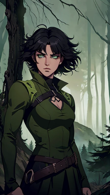 ((1girl, Buttercup), (extremely detailed CG unit 8k wallpaper),(master part), (best quality), (ultra detail), (best illustration),(castlevania style), cowboy shot, (Sharp eyeliner, ombre, detail eyes:1), landscape, tree, outdoors background, ,break , (Dark gloomy forest of horror and death, upper body, standing, (black hair, green eyes, short hair, messy hair)