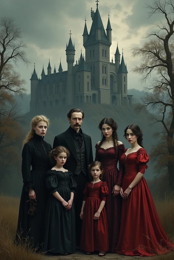 Portray an 18th century vampire family with the following characters:
1) extremely beautiful mother with long black hair;
2) two little red-haired girls 3) a little white-haired girl 4) a boy with black hair