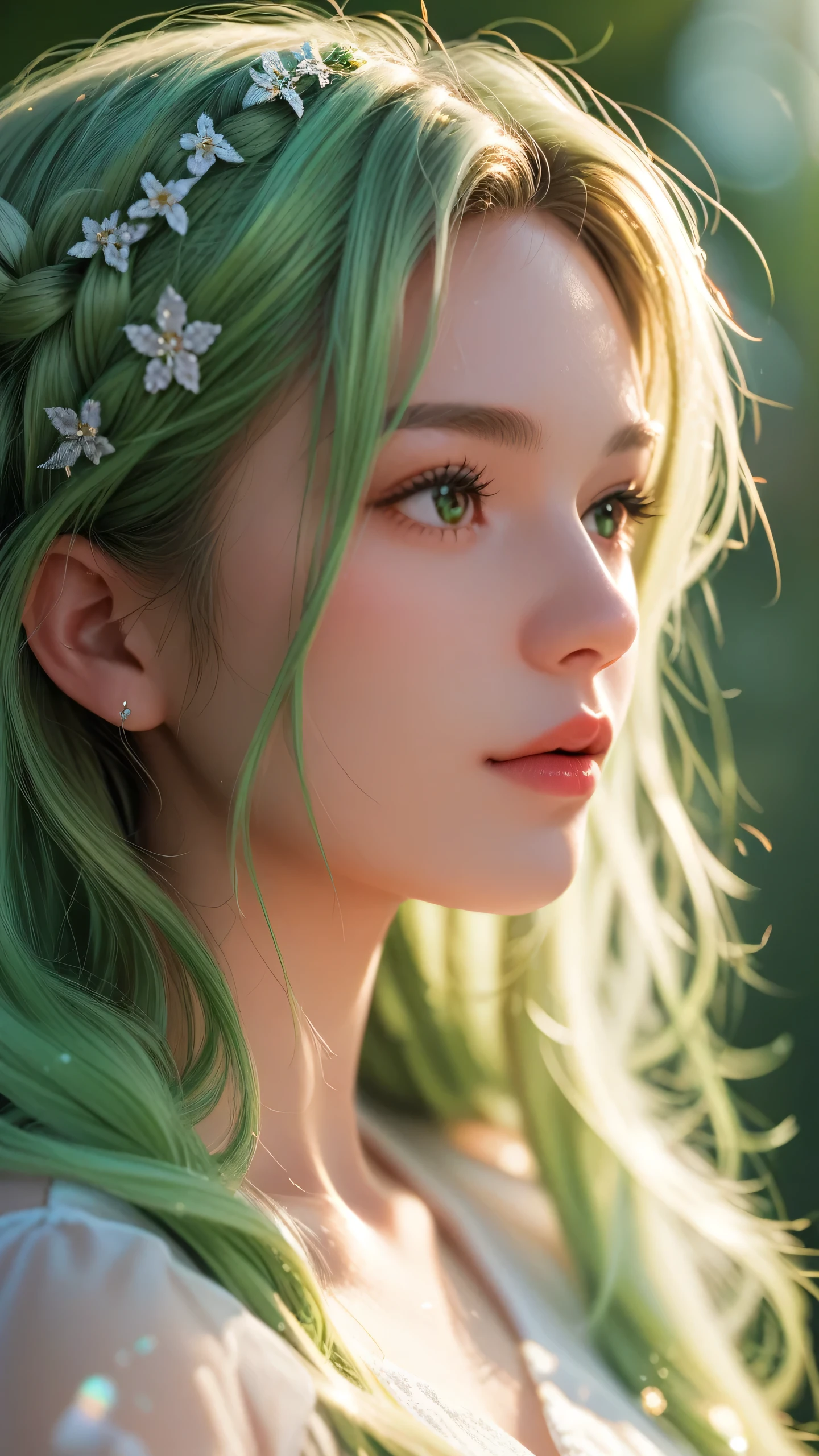 score_9, score_8_up, score_7_up, best quality, highres), green-haired girl with long hair, close-up of her face, wearing a white skirt, details of her eyes and face, bright colors, soft lighting, digital illustration, ethereal atmosphere