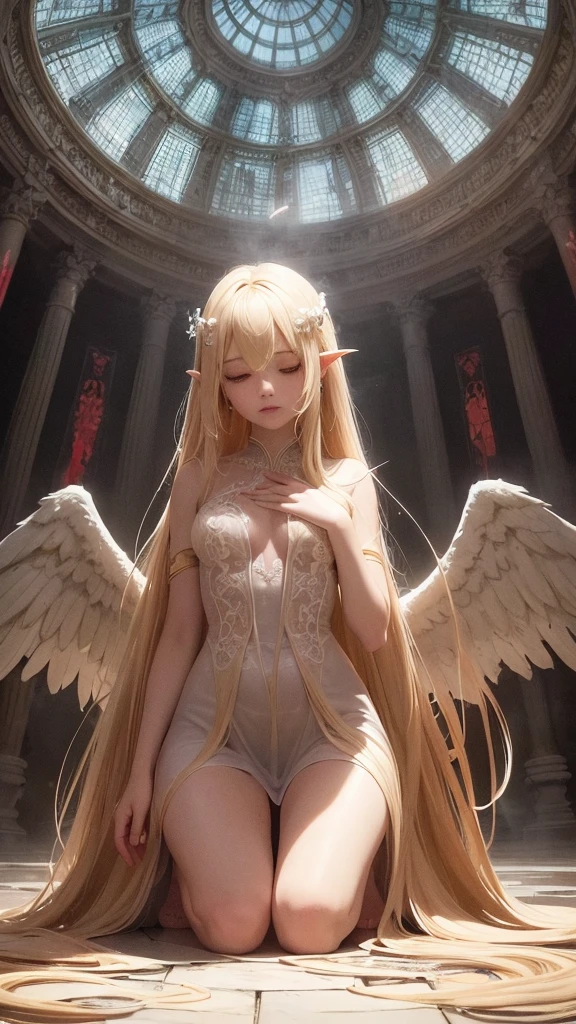 An angel with pale skin, long blonde hair and small breasts, with large feathered wings masturbating, naked, her feet are bare, her breasts are visible, her pubis is visible, eyes closed, mouth open, a hand between her thighs, legs apart, lying down, on an altar of white and gold, in full view from above, in high quality