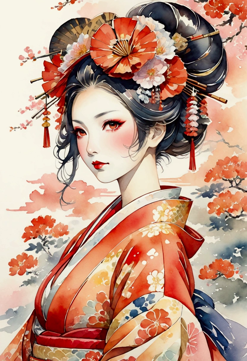 A beautiful Japanese woman dressed as an oiran, wearing a partially open kimono that reveals her chest area. The composition focuses on the upper body, with her face and torso prominently featured in a delicate watercolor style. The overall mood is sensual yet elegant, with soft, flowing lines and colors reflecting traditional Japanese aesthetics.