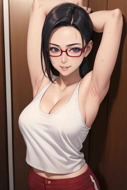 masterpiece, best quality,  satou sakie, glasses, black tanktop, red pants, looking at viewer, small breasts, upper body, portrait, looking at viewer, parted lips, seductive smile, sweating, arms up, detailed armpits, cleavage