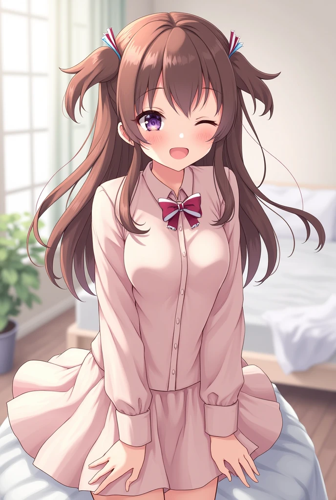 ((best quality)), ((masterpiece)), (Detailed), 1 Wolf girl, tied up in bed, Messi good, Rose Mini skirt, wet White semi invisble Short top, pink choker, shy looking upwards, Rose and White Striped overknee socks, Background with sex toys and candles, some Accessoires, medium big ((best quality)), ((masterpiece)), (Detailed), 1 Wolf Girl, tied in bed, Brown hair, Messi good, pink miniskirt, wet white shirt blouse, pink collar with leash, held by a fox by the hand, look up shyly, Overknee socks with pink and white stripes, Background with a shelf full of sex toys, some accessories,