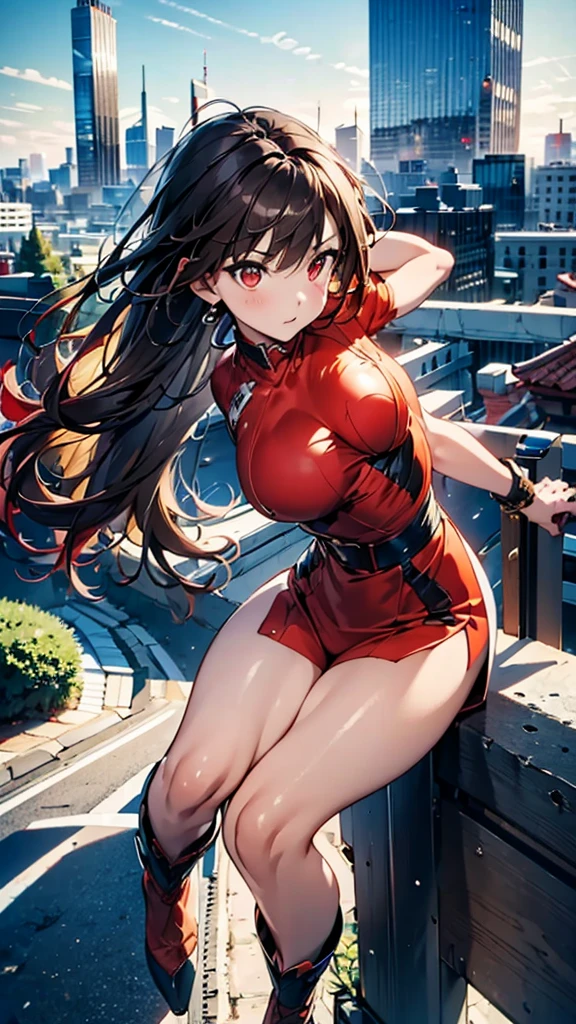 (masterpiece, best quality), intricate details, 8k, artstation, wallpaper, official art, splash art, sharp focus,, 1girl, long hair, twin tails, red eyes, brown hair, ,red jsuper jumpsuit  , skyscrapers, city, buildings, cars, street, jumping in the air