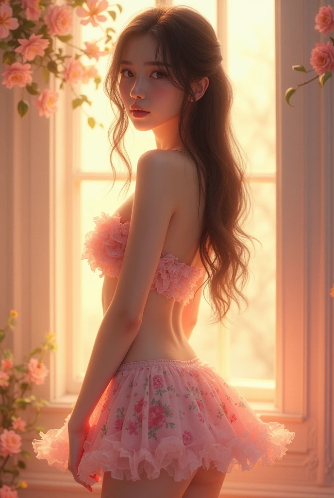 skinny girl, floral mini skirt, narrow hips, beautiful detailed eyes, beautiful detailed lips, extremely detailed face, long eyelashes, elegant, graceful pose, serene expression, warm lighting, soft colors, pastel palette, detailed painting, digital art, highly detailed, 8k, photorealistic, masterpiece, vibrant colors, cinematic lighting, fantasy, dreamlike
