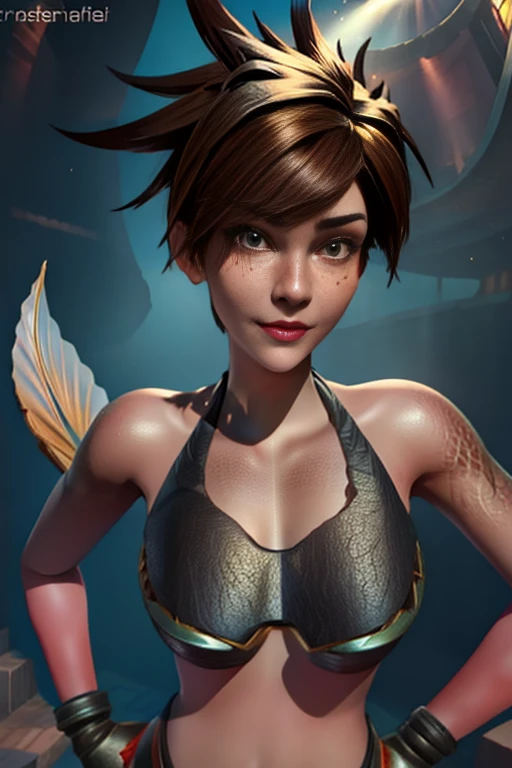 Tracer , brown hair, short hair, brown iris, detailed eyes, makeup, lipstick, swimming underwater, upper body, seductive smile, lower mermaid body, (insanely detailed, beautiful detailed face, masterpiece, best quality) , solo, theme: Siren, マーメイド, fish mixed female, legless, swim, lighting black wet, under deep sea, seashell bikini