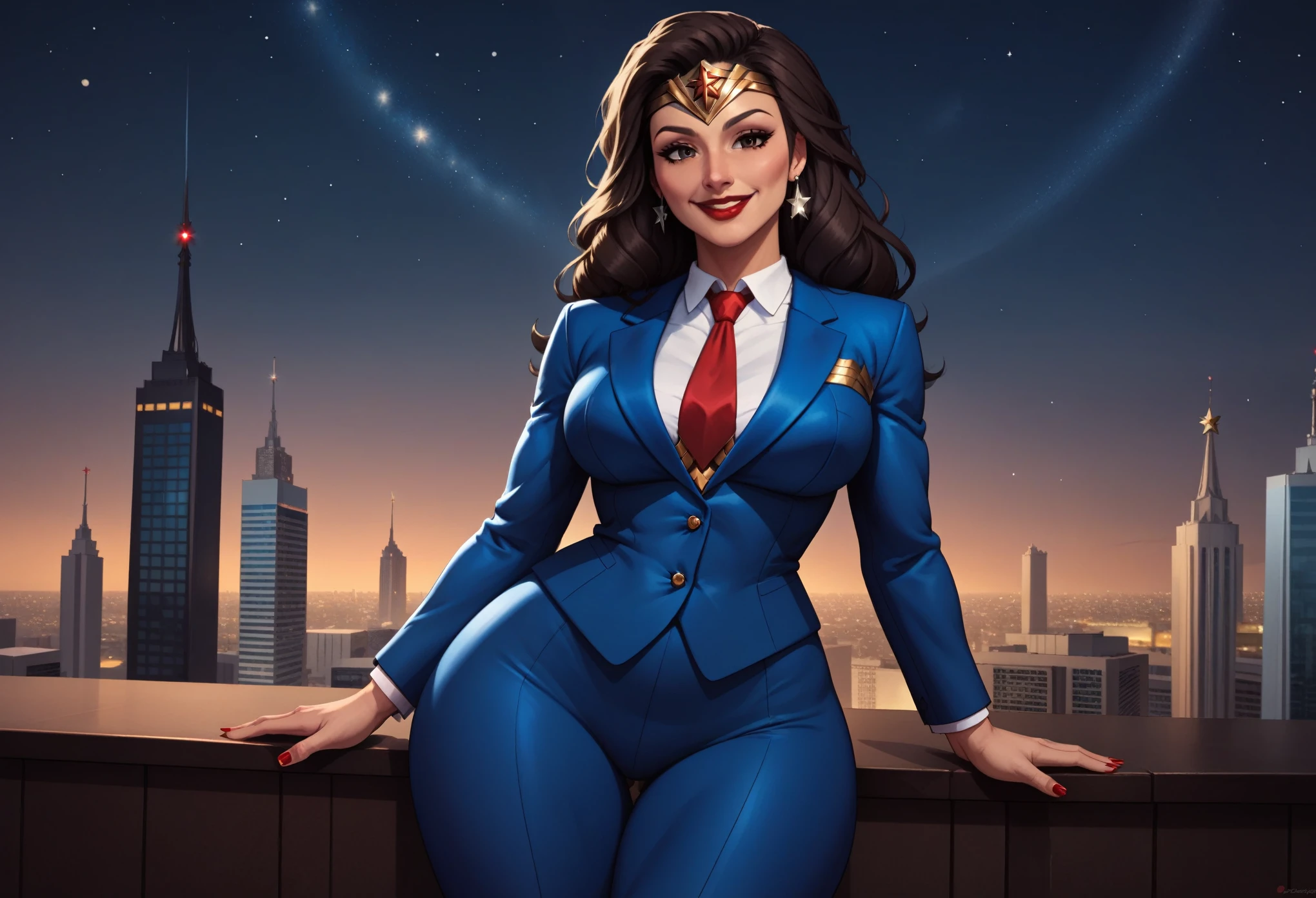 score_9,score_8_up,score_7_up,score_6_up, source_cartoon, (masterpiece), BREAK 1girl, smile, wonder woman, diana prince, mature woman, (wide hips, wide thighs), make up, sky, night, night city. pony tail., happy. thigh gap, nail polish, narrow waist, on rooftop with city in the background, city, dutch angle, (perfect hands), red lips, (big hips), star, (suit:1.5), (white shirt), ((blue pants)), hourglass body, ultra-detailed clothes, best quality, expressive eyes,, solo, brown eyes, brown hair, thick thighs, ((blue suit)), (red tie), jewelry, earrings, necklace, smile,((mature woman)), perfect face, eyelashes, (perfect eyes), happy, perfect teeths, nail polish (perfect fingers),(masterpiece:1.2), (best quality:1.2), (very aesthetic:1.2), (detailed background), intricate details, ,Perfect Hands, Wonder Woman trending on ArtStation, 