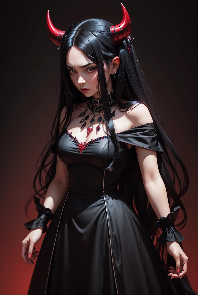 The highest image quality, pending details, ultra-high resolution, (真实感: 1.4), the best illustration, favor details, Highly condensed 1girl, with a delicate and beautiful face, Asian characteristics, long straight hair, Bblack hair, skin fair, eyes browns, lips, blush, breasts big, necklase, black gown, make-up, black eyeshadow, red lipgloss stick, A vampire, Grinning (best quality, ultra details, photorrealistic: 1.39), dark colours, studio lighting, romantic expression, seducer, dark scenery