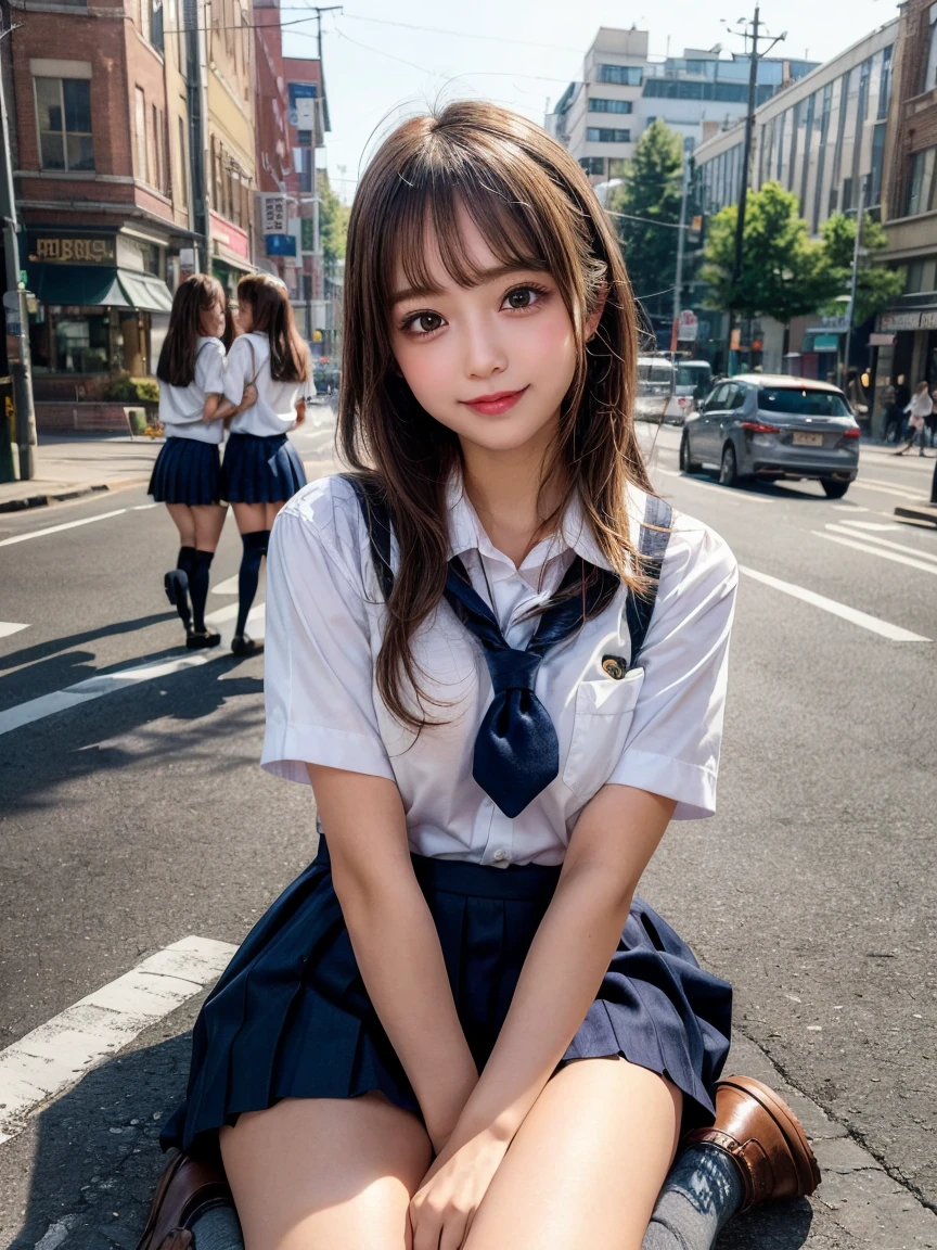 ((masterpiece)), ((Highest quality)), (Very detailedな), ((cute)), cute, (Multi-point), ((sexy)), (device), ((Very detailed)), 4K, (8k), Highest quality, (beautiful), hyper cute face, shape, Anime Style,hyper Genuineistic, Genuine, ((Navy or grey knee-high socks and brown loafers))、 ((From face to feet)), close, Thick outline, Clear contours, (One Girl, 3 cute girls:), (Schoolgirl Uniform ), Back view at the bus stop、Back of the knee、beautiful light brown hair, beautiful brown eyes, ((beautiful eyes)),, short hair, Big Breasts, smile