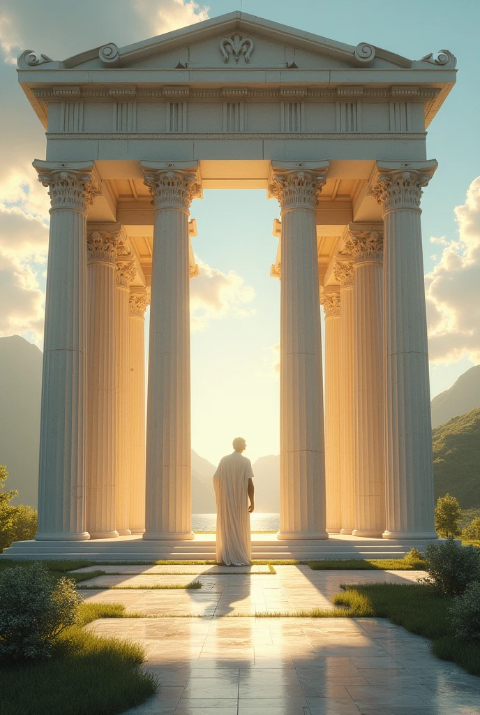 An epic, top-quality image depicting a divine encounter of mythological proportions. The twelve most powerful Greek gods are gathered amidst the majestic ruins of an ancient Greek temple. The setting is grand and evokes a sense of antiquity and splendour. Each of the twelve gods is depicted with a realistic accuracy that highlights their distinctive appearance and characteristics. Zeus, o rei dos deuses, is at the center of the composition, with its imposing expression and its lightning bolt as a symbol of authority. Os outros deuses, incluindo Hera, Poseidon, Atena, Apolo, Afrodite, Ares, Hermes, Demeter, Dionysius, Hephaestus and Artemis, are arranged around Zeus, each with their own stance and recognizable attributes. The ruins of the Greek temple are a work of art in their own right, com colunas majestosas e esculturas antigas que testemunham a passagem do tempo. The lighting is spectacular, with rays of sunlight penetrating between the broken columns and creating dramatic shadows. The atmosphere is imparted with mystery and divine gravity. Cada deus emana uma aura de poder divino, and their garments are precisely crafted, displaying ornaments that refer to the stories and attributes that make them unique. The surrounding sky is tinged with golden and celestial colors, Evoking a breathtaking cinematic style. A imagem deve transmitir a majestade dos deuses gregos e a riqueza da mitologia que os envolve. Cada detalhe, of the expressions of the materials and scenarios, must be rendered with an advanced level of realism, making the gods and ruins seem to jump off the screen. The composition of the image should highlight the harmony and tension between the gods, capturing a complex dynamic between them. Zeus, no centro, must radiate leadership and authority, while the other gods show reverence, respeito ou, em alguns casos, rivalidade, All of this through visual expressions and body language carried out. A imagem deve transmitir a grandiosidade da mitologia grega.