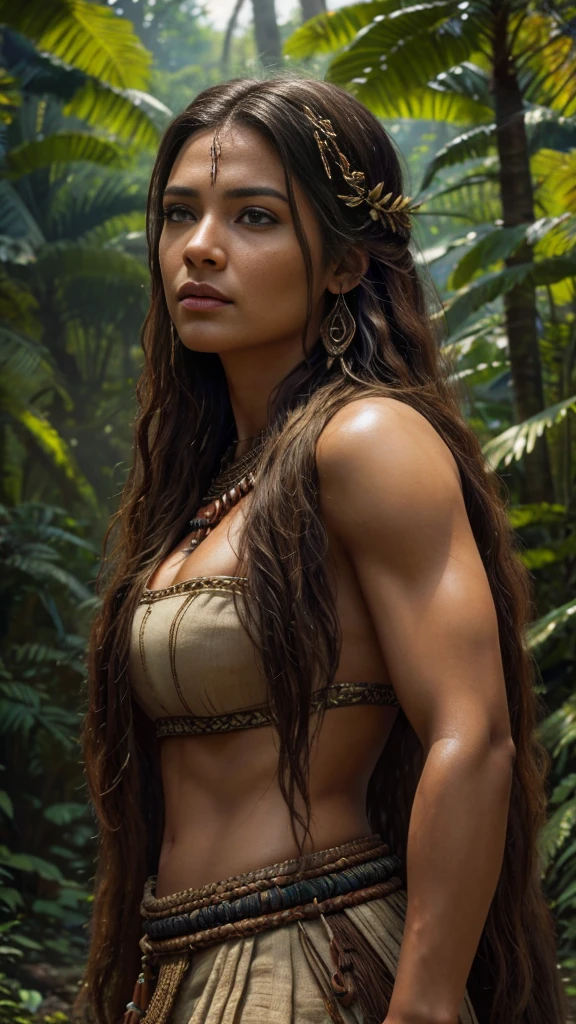 a beautiful prehistoric woman, detailed facial features, realistic skin texture, detailed realistic eyes, long flowing hair, tribal jewelry, natural lighting, cinematic composition, photorealistic, 8k, hyper detailed, masterpiece, high quality, realistic, intricate details, warm color tones, dramatic lighting, atmospheric, natural environment, lush foliage, detailed flora and fauna, stunning scenery