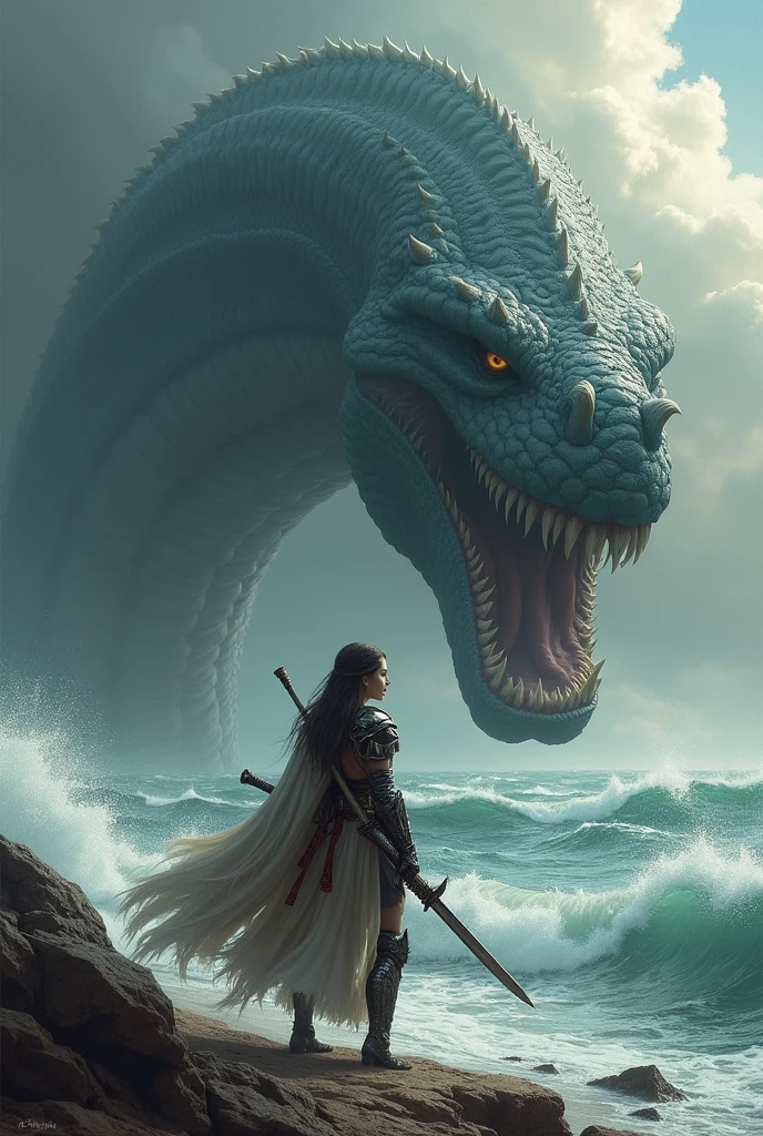 illustration of a young girl with blonde hair standing full-length on a rock, the sea raging, dark , creepy , blood , monsters , by Jason Engle , Carlos Huante , Charlie Bowater , Simon Lee , Brom