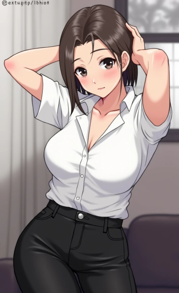 4K, (masutepiece), Highest Quality,  2D, ((NSFW)), (Teen Anime School Gil), (Unbuttoned shirt), (Small breasts), Nipples, long brown hair, Blue eyes, Smile, Full height, Clear eyes, Black eyelashes, (intricate-detail), Dramatic, By Shinkai Makoto, Trending on CGSociety