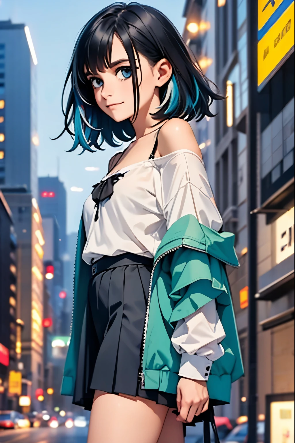 1girl, black_skirt, blue_hair, building, city, cityscape, hair_between_eyes, jacket, looking_at_viewer, medium_hair, multicolored_hair, multiple_boys, night, off_shoulder, outdoors, pleated_skirt, road, shirt, skirt, skyscraper, smile, solo_focus, street, white_shirt
