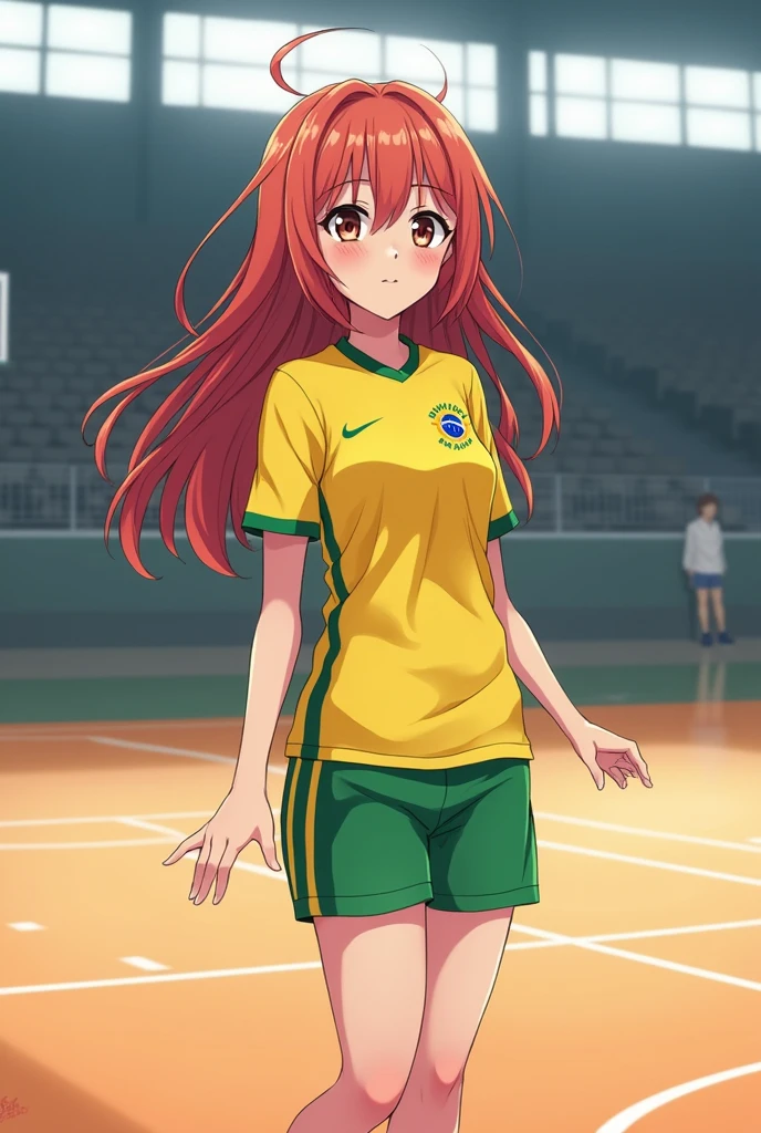 girl from my hero academia with straight dark reddish hair with a little bit of waves although it reaches the waist with a small waist and large breasts and large thighs with green eyes too light although slightly brown too attractive with a slight pink tone on her cheeks and a slight red on my slightly large lips on a court with an orange cheerleader uniform with green stripes and understood some letters that said one