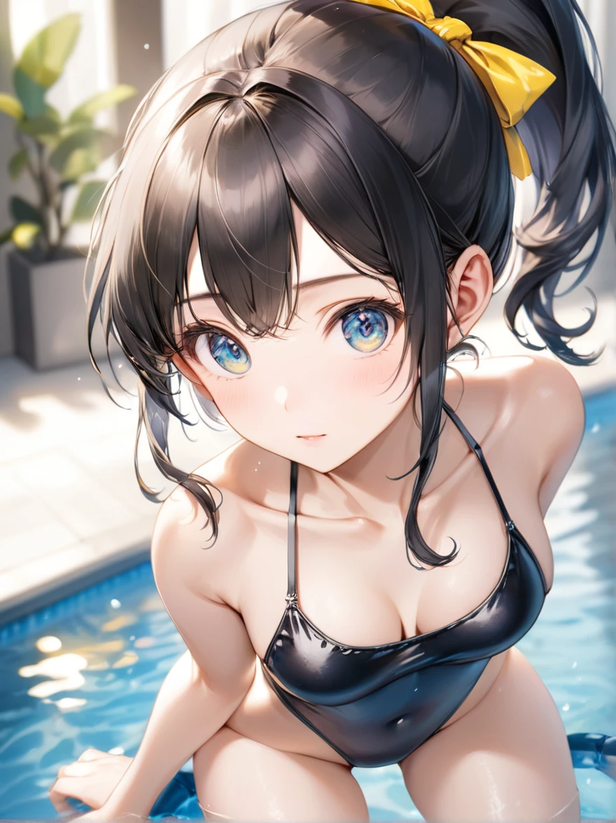 masterpiece, highest quality, ultra high resolution, (realistic photo: 1.4), ((1 girl, pale white skin: 1.4, kneel down, From above, looking up at the viewer, close up of face, 19 years old, cute, cute, black hair, game, short hair with bangs, big breasts: 1.6)) (bikini swimwear: 1.3, Blue and white two-tone swimsuit, Glossy shiny swimsuit, Glossy shiny swimsuit, Shiny swimwear with reflective surfaces, soaking wet body: 1.2) (portrait of famous japanese actress), (smile, Happy, Joyful, Hilarious, close your mouth), (chest between chest and arm), highly detailed eyes, ((((really pure white background, no background)))), long neck, (short hair with bangs)))), eyelash, Big eyes, (so beautiful, so beautiful)), ((((Natural light))))、(((spread legs)))