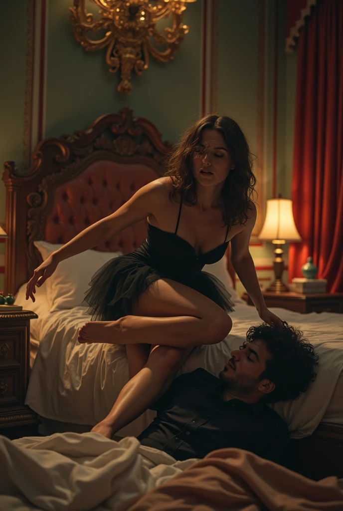 young Sophie Marceau on her knees with tied hands sucks dick, ruined mackup, gives blowjob to his boss, rough oral sex, open dress, slim figure, Obedience, Short skirt, wet panties