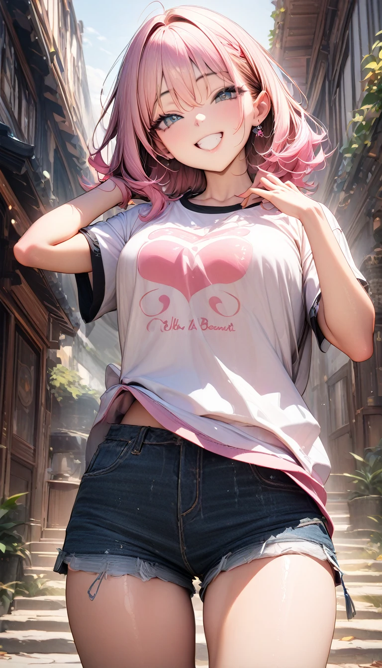 ((最high quality, 8k, masterpiece)), High resolution、(high quality: 1.5)、Very detailed、Detailed face、Bright colors、Natural light、Fine grain、Colorful eyes、Beautiful Face、Highly detailed face texture of a woman,masterpiece, 最high quality, Detailed and beautiful eyes,最high quality、Best image quality、masterpiece,girl,smile,From below,grin,(Brat),Pink Hair,Cute clothes,Printed shirt,Shorts,Just beautiful,masterpiece,(laugh at),最high quality、so beautiful,High resolution,1girl, solo,(masterpiece:1.2)、(最high quality:1.2)、Latest Glossy Skin