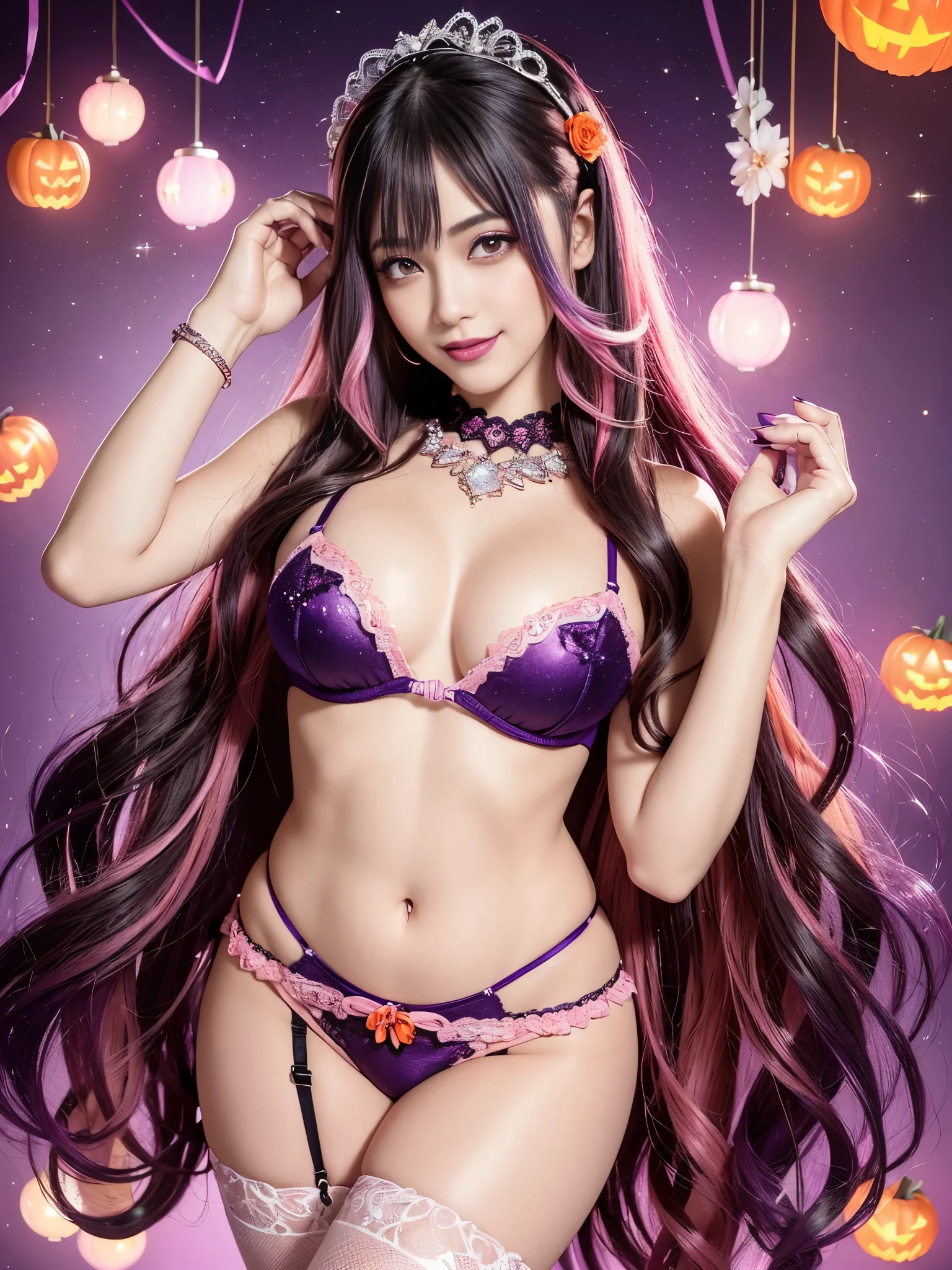 Solo shot of Eri Kamei from Morning Musume dressed in a seductive Halloween costume. The outfit emphasizes her beauty、Show off her curves. Her smile reveals her pristine white teeth, enhancing her allure. The image should be hyper-realistic, Capture every detail, From the texture of her outfit to the subtle nuances of her makeup. The lighting should be soft, Cast gentle shadows、emphasizing her features. the colors should be vivid, Focus on the rich shades typical of Halloween - orange, blacks, and purples. Compositions must use a high-resolution 16k camera, 16 inch:9 aspect ratio, Make sure all details are pin-sharp. Shots must be taken with a Canon EOS 5D Mark IV DSLR camera, EF 50mm f/1.8 STM lens, Resolution 30.4 megapixels, ISO sensitivity of 32,000, Shutter speed is 1/125. --ar 16:9 - V5.1 --Style raw --Q 2 --S 750