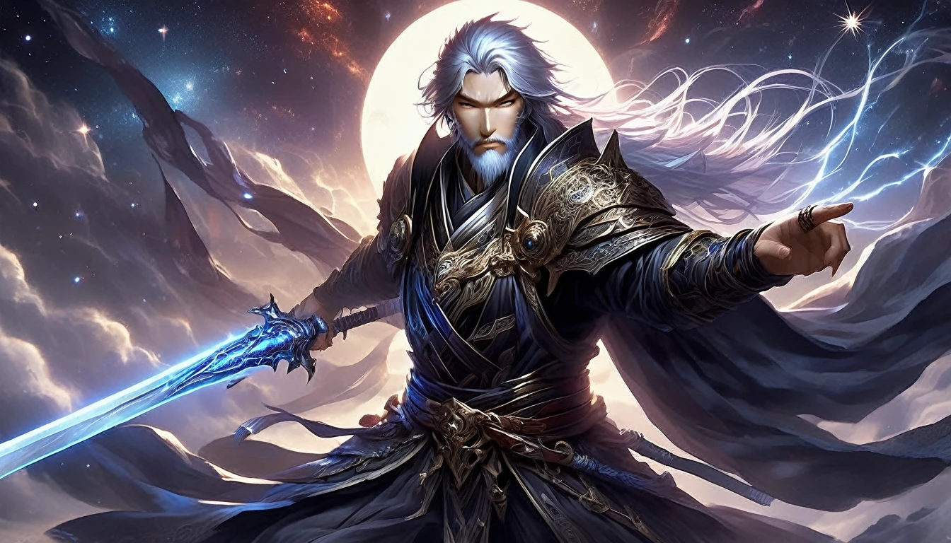 "young man in his 20s, magical aura, Asian facial features, large chin, sharp kept beard, wearing a black cloak filled with stars, swirling cosmic patterns, holding a short bone white sword, battle stance, large grin on his face, grin exuding both friendliness and danger, youthful yet powerful presence, cloak shimmering with the galaxy, intricate cosmic details in the fabric, [deadly but approachable], [cosmic warrior], [mystical aura], [dynamic pose], [intense yet friendly expression]"