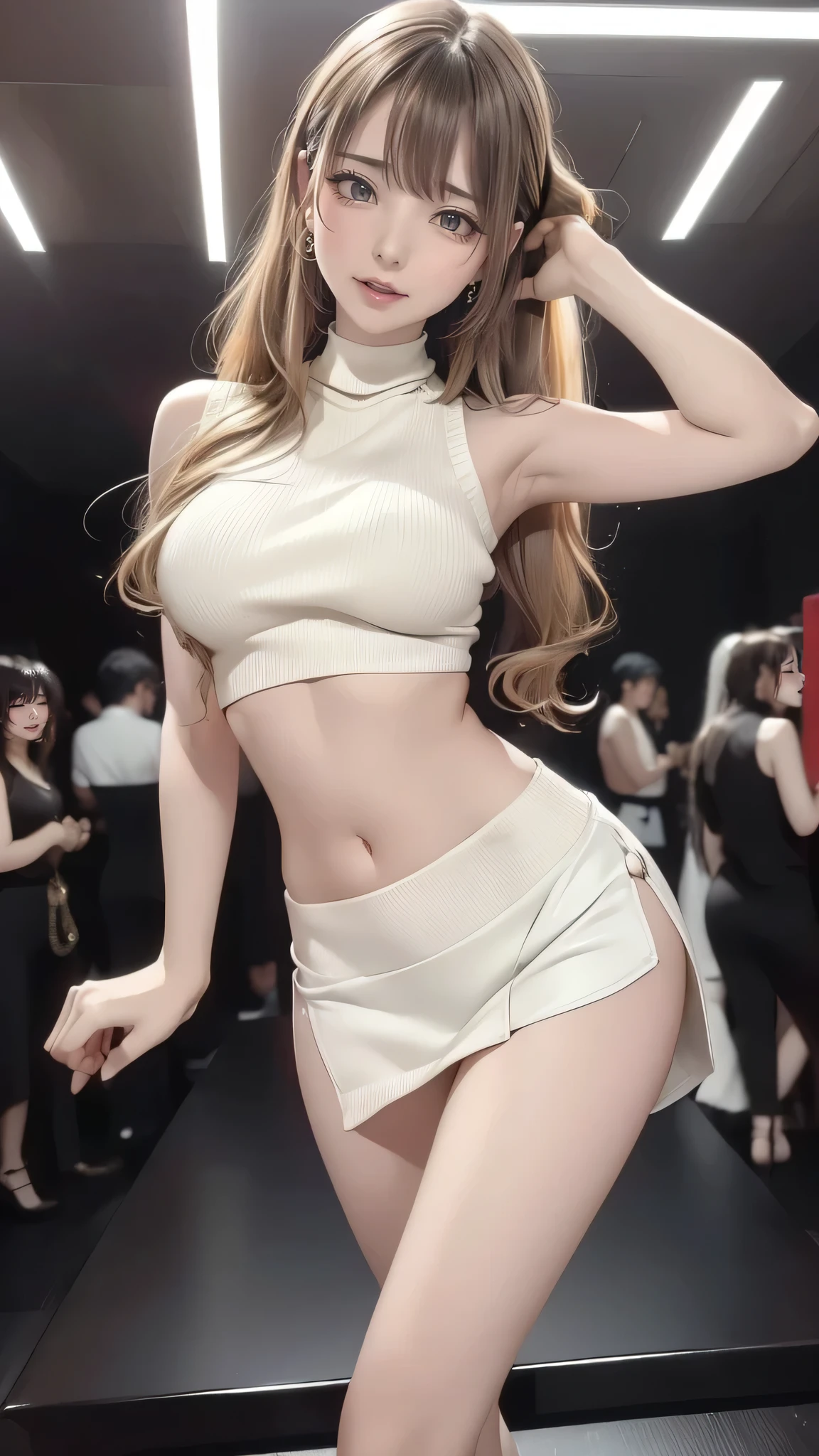 (masterpiece:1.3), high resolution, ultra detailed, extremely detailed CG unity 8k wallpaper, realistic, photo-realistic, RAW photo, beautiful detailed face, pale skin, realistic glistening skin, detailed cloth texture, detailed hair texture, Perfect body, Beautiful Face, accurate, Anatomically correct, Highly detailed face and skin texture, natural neck length, (beautiful hands), (fair skin:1.2), Thin legs, Thin feet, Sweaty skin:1.1,
BREAK,
Detailed eyes, symmetric eyes, Light Brown eyes, Double eyelids, Thin eyebrows, (Glossy lips:1.4), (gently smile:1.2),
BREAK,
(nsfw:1.2), (A Classy and Cute girl:1.3), (1 girl, one girl), ((wearing a sleeveless high neck midriff sweater:1.3)), (White pleated mini skirt), (long boots), (wearing glasses:1.1),
(medium large breasts, slender figure, firm abs, firm breasts:1.2), beautiful clavicle,
(blonde hair, wavy hair, long hair:1.3), ((asymmetrical bangs:1.2)),
BREAK,
((Sexy dancing in the Disco at Roppongi in Japan:1.3)), (((Very dim lighting, Colorful neon lights))), (From below:1.2), (looking down at viewer:1.2), (Full body shot:1.2),