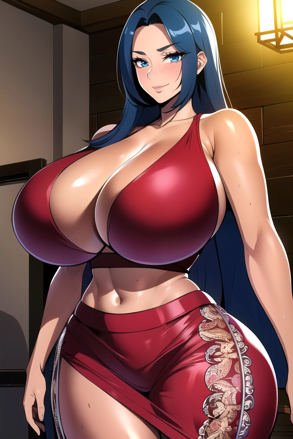 ultra realistic 8k cg, masterpiece, ((ultra detailed background,  intricate detail, highly detailed, fine details best quality, hyperdetailed face)), gigantic breasts ,beautiful lighting, absurdres, BoaHancockV2,  1girl, solo, (blue hair:1.1), long hair, jewelry, closed mouth, ), cleavage, (arabian dancer outfit : 1.4), miniskirt,bare shoulders, curvy, midriff, curvy, thighs, shiny clothes), blue eyes, complex detailed background, indoor, palace), ((cowboy shot)), curvy, (gigantic breasts: 1.4), seductive smile, cowboy shot, (tan skin :1.1) (tan face:1.1)