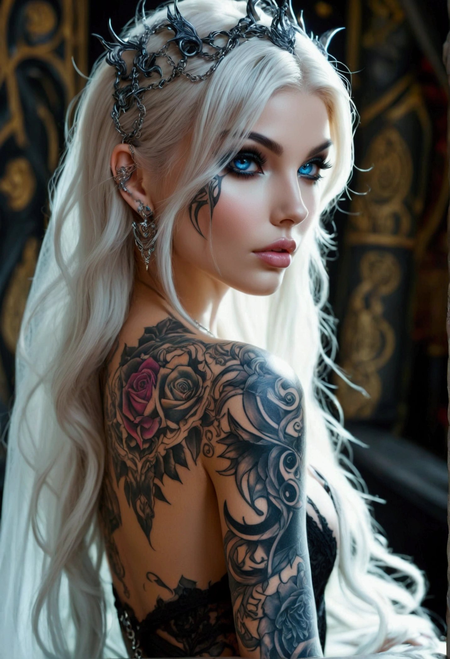 Create a hyper detailed photograph of a tattooed sexy young wicked oni, Stunningly perfect gorgeous feminine face, perfect makeup, detailed vibrant eyes, long platinum hair, long detailed beautiful legs, detailed beautiful arms, big thighs, detailed silky smooth skin, large natural perky breast, thick round ass, white thin transparent sundress, facing viewer, sun rays illuminating the dress,