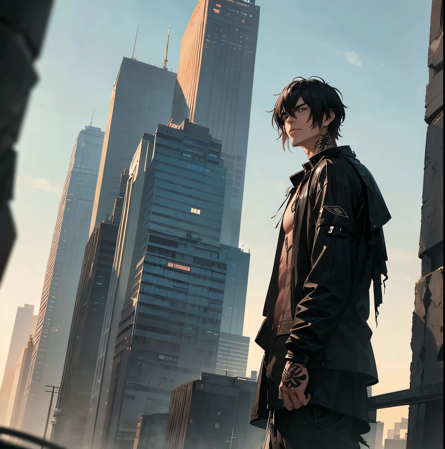 one mature man, shaggy hair, tilted asian eyes, extremely tall and athletic, (black neck tattoo: 1.2), (wearing ragged torn clothes: 1.2), (wandering in futuristic wilderness: 1.2), (long shot high angle: 1.2)