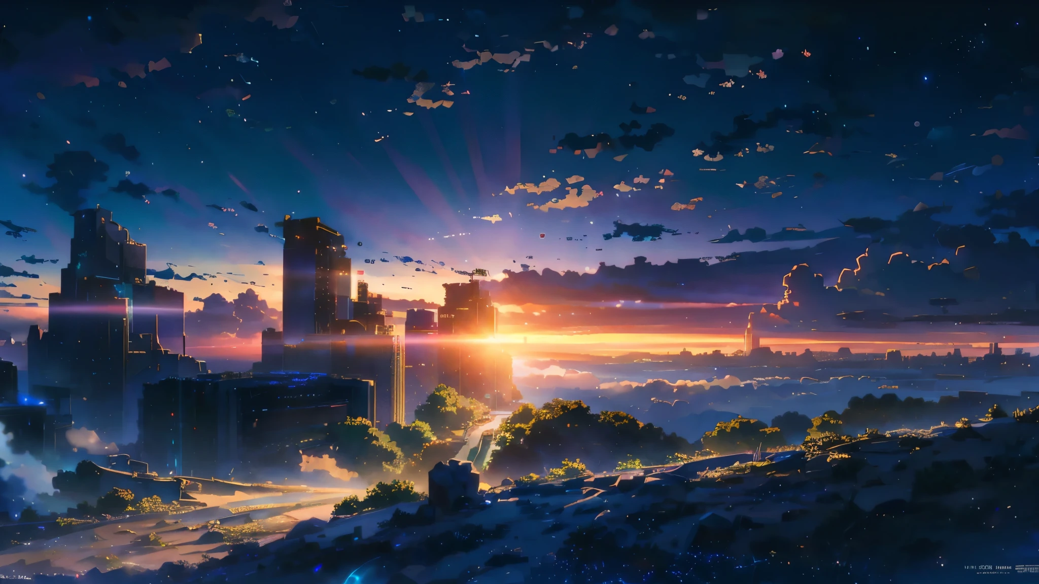 Anime scene of an abandoned city under blue sky, Anime drawing by Makoto Shinkai, Topics on pixiv, Magic realism, Beautiful anime scene, Space Sky. by Makoto Shinkai, ( ( Makoto Shinkai ) ), by Makoto Shinkai, Anime Background Art, Makoto Shinkai style. Detail enhancements, Perfect detail handling, Huge Cloud, Panoramic view from above, Capturing the vastness of nature. Soft lighting creates a warm atmosphere.