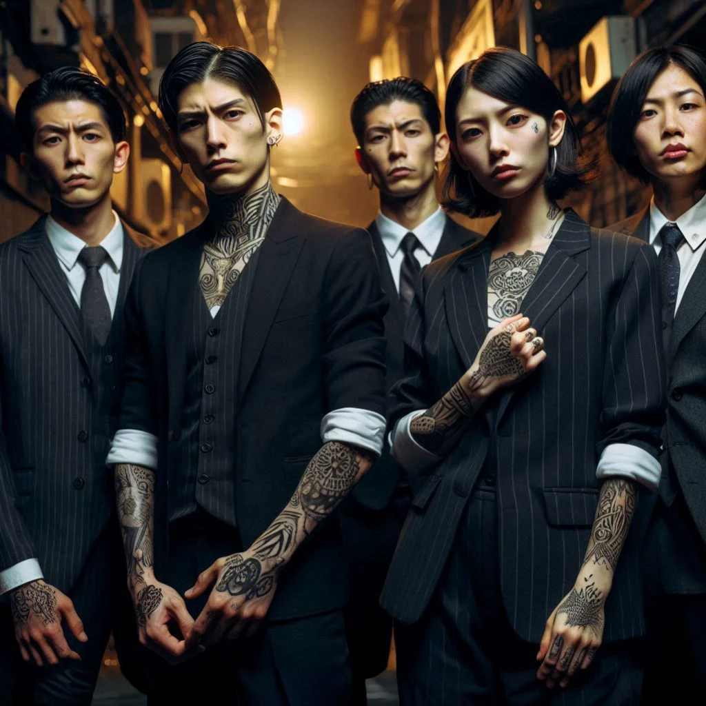 there are people sitting in a room, smoking, yakuza slim girl with gigantic breast, full body tattoo, inspired by Kanō Hōgai, japanese gothic, japanese fantasy, inspired by Kanō Takanobu, yakuza tattoo on body, chie yoshii, japanese influences, by Kanō Tan'yū, inspired by Kanō Naizen, masterpiece, best quality:1.2),,(8k,highres,RAW photo,realistic,photo-realistic:1.3),(detailed skin texture,detailed cloth texture,beautiful detailed face:1.25),professional lighting,photon mapping,beautiful soft light,radiosity,physically-based rendering,raytracing, model shoot style, model shoot style, (extremely detailed CG unity 8k wallpaper), full shot body photo of the most beautiful artwork in the world,