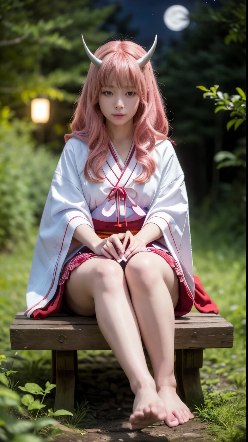 photorealistic, (4k), depth of field, (Masterpiece), (realistic skin texture), extremely detailed, intricate, hyper detailed, professional photography, bokeh, high resolution, sharp detail, best quality, girl, red and white kimono, long hair, pink hair, pink eyes, horns, touching toes ,  dark  forest, moonlight, forest path, outdoors, (night:1.3), moon, stars, night sky,