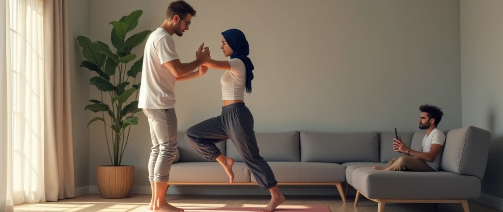 Hijab woman in jeans, doing yoga with boyfriend