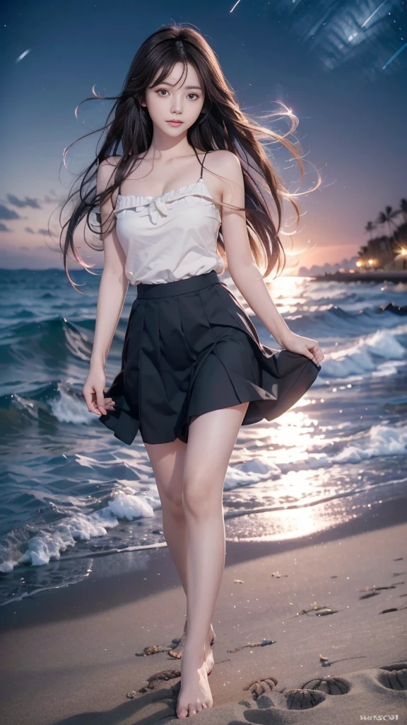 photorealisim, Young japanese lady,(Face the camera directly), Perfect smile, Beautiful dark eyes, Beautiful skins, cabelos preto e longos,Realistic beautiful girl full body portrait, 18 years old,Wearing a T-shirt,a miniskirt, de pele branca, Fantastic face, beautiful look, playing in the water, 8k resolution concept art portrait, Pure white sandy beach at midsummer noon,gentle waves,Dipped in water up to the heels,Pulp Adventure Style, fluid acrylic, Dynamic gradients, Vivid Color, illustratio, Highly detailed vector curves, It features a simple, Vector art, sleeoing, Character Design, 3D Shading, Cinematic, ornate pattern, elegant organic framing, Hyper-Realism, Posterized, Collection of masterpieces,bright colour, Reallife Human,