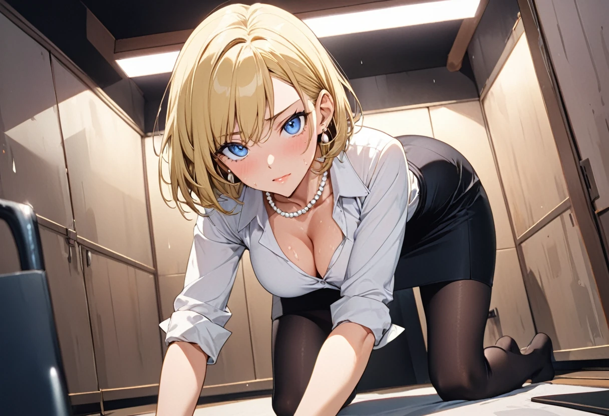 Green-eyed blonde woman with short hair and a semi-transparent shirt that shows her breasts