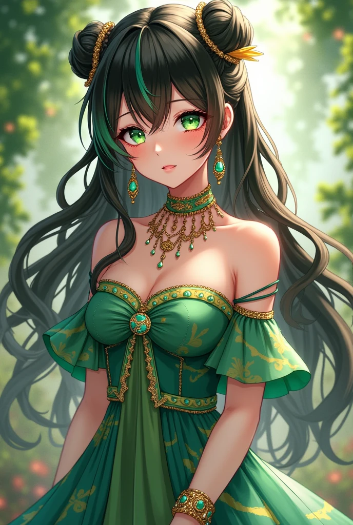 A young woman sits gracefully in a dense forest, surrounded by towering trees and a lush, green undergrowth. She wears a long, flowing dress in a shade of green that blends seamlessly with her natural surroundings. Her long, dark hair cascades over her shoulders, adorned with a delicate crown made of intertwined branches, leaves, and small flowers. The expression on her face is serene, almost contemplative, as she gazes off into the distance. The forest around her is alive with vibrant shades of green, and the atmosphere is one of quiet, untouched beauty. The roots of the trees form a natural seat for her, adding to the organic, harmonious feel of the scene. The light filtering through the canopy casts a soft, diffused glow, enhancing the ethereal quality of the image.