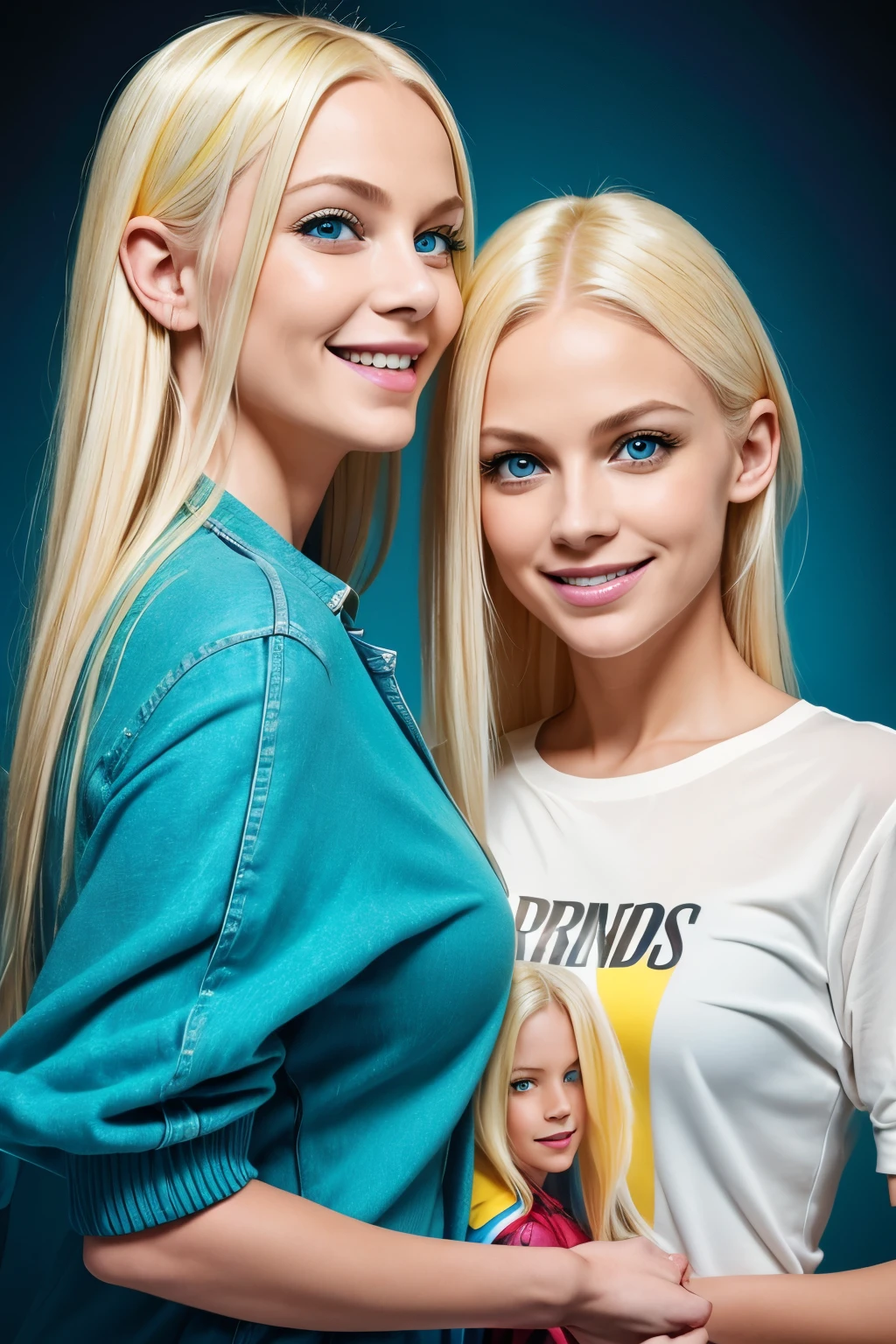 A mother and daughter yellow hair blue eyes on a magazine cover, vibrant colors, high-resolution, realistic portrayal, fashion-forward, loving bond, trendy attire, captivating smiles, natural beauty, professional lighting, contemporary style, artistic composition
