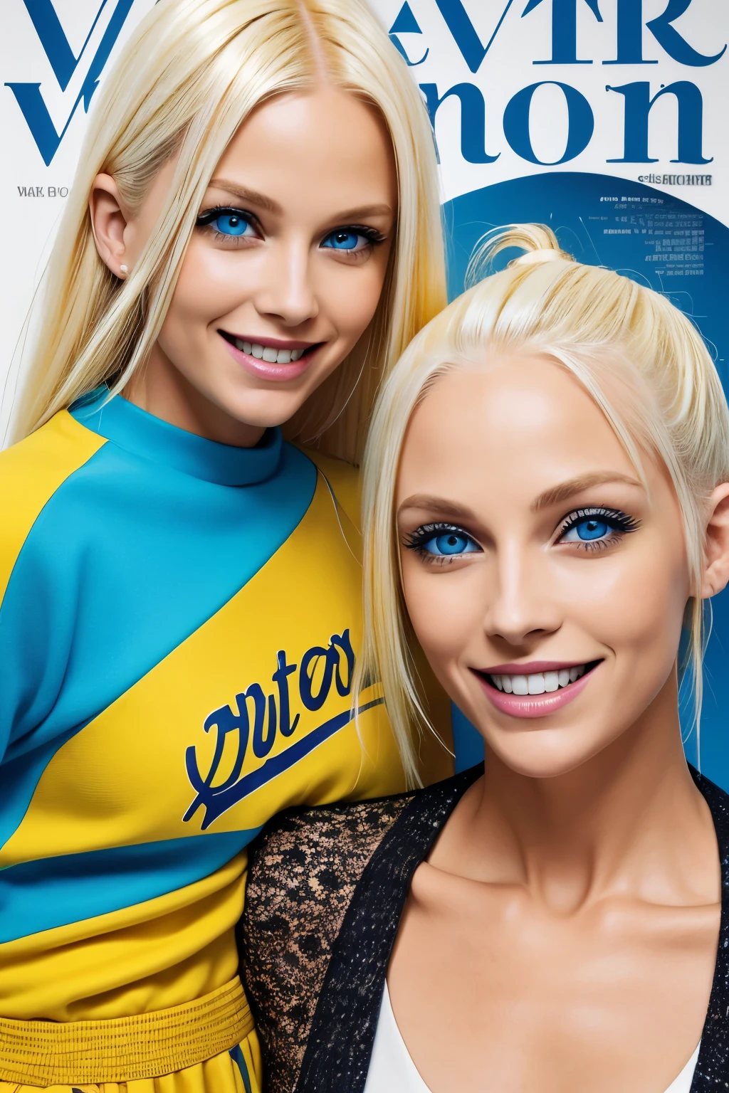 A mother and daughter yellow hair blue eyes on a magazine cover, vibrant colors, high-resolution, realistic portrayal, fashion-forward, loving bond, trendy attire, captivating smiles, natural beauty, professional lighting, contemporary style, artistic composition
