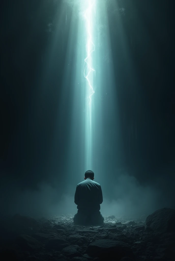Conçois une scène dans différentes postures où une personne se trouve à genoux, entourée de ténèbres, et un faisceau de lumière céleste descend sur elle. Cette lumière symbolise la foi et l'espoir, transcendant les limitations humaines. Les détails doivent inclure la texture du sol, les ombres profondes, et l'éclat lumineux, capturés en ultra-réaliste avec une résolution proche de la 8K.