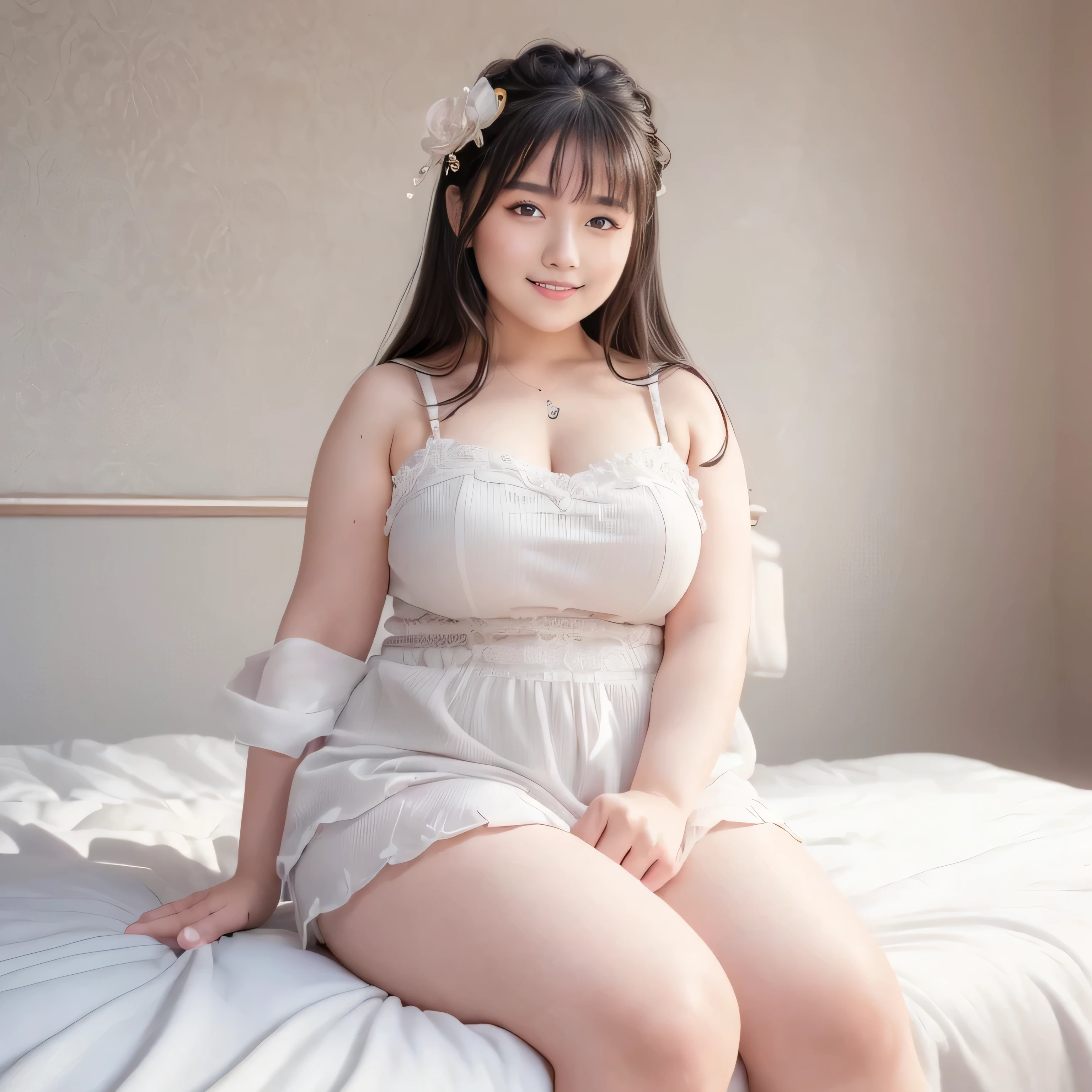 ((masterpiece、High resolution、Highest quality、Extremely detailed image quality､))､Big smile、Open your mouth, (solo､1 person:1.9)､Japanese、Calm face、Plump body、Cute hairstyle､Cute hair accessories､Shiny skin、Thick thighs､Look forward、Whole body image、(On the bed､In the girl&#39;s room:1.5)、(Expensive lingerie:1.7、Sexy Lingerie:1.5、)､(Panties with ribbon,)､ (Large Breasts、Glowing Skin、Shiny skin:1.4)､(Put your arms behind your back:1.2), (((Anatomically correct body, masterpiece, accurate, Winner of numerous awards, High detail, Textured skin,)))､((Leg spread､Spread your legs､Emphasis on the crotch､))、((((Swelling in the groin area､clitoris is erect､))))､