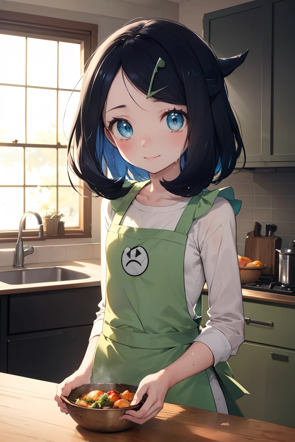 cute apron, (masterpiece, Highest quality, 8K ultra-high resolution:1.4), yo, kawaii Pokemon RikoFlash photography, Backlight, (The best smile:1.4), (Beckon), Written boundary depth, Dramatic portrayal, (Kitchen Background), Focus of the film, , Emotional composition, Emotional engine full throttle BREAK Young and cute, Slender body, Flat Chest, Highly detailed glossy skin,Sweat,  Perfect Pokemon Riko,
ultra detailed crystal eyes, Eyes like shining jewels