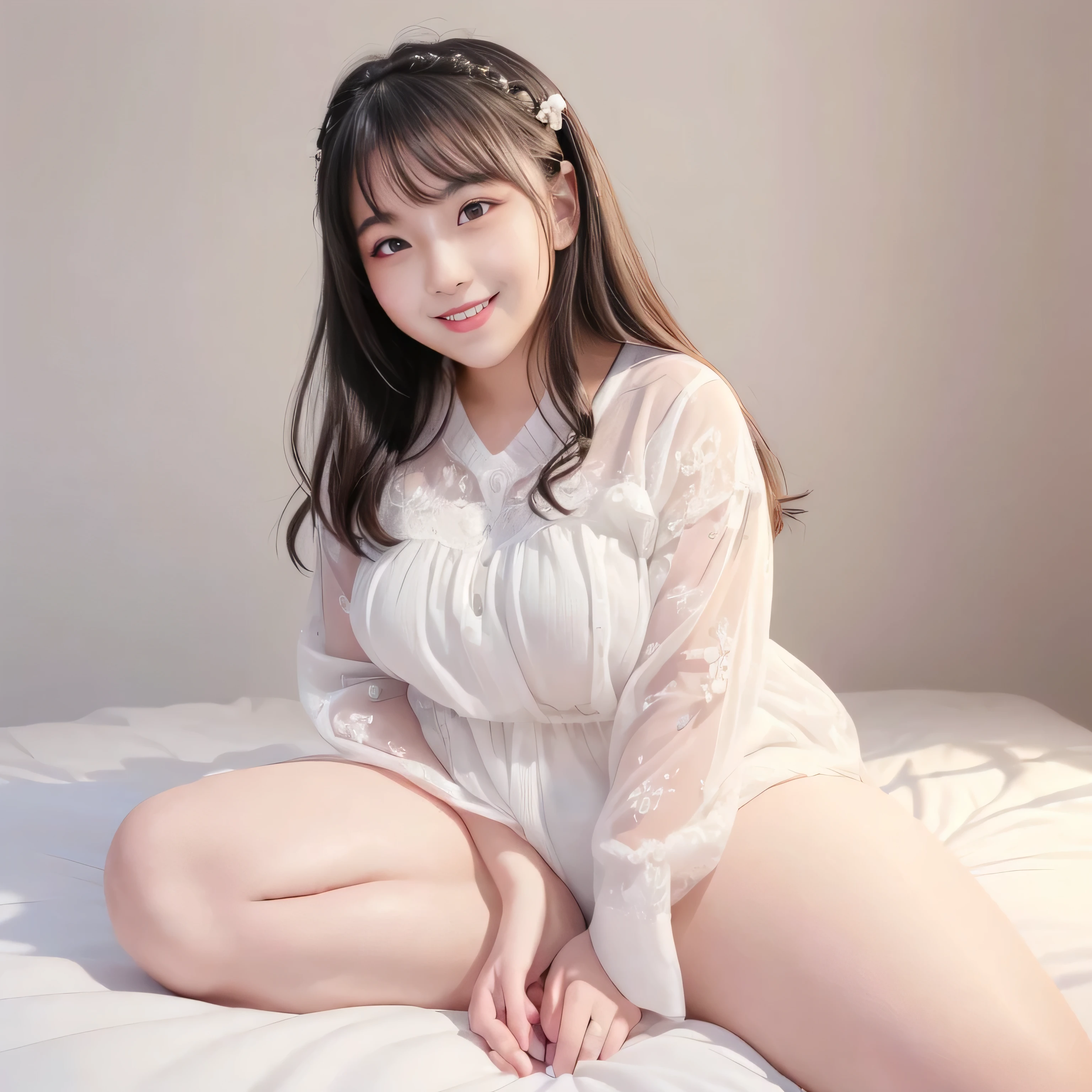 ((masterpiece、High resolution、Highest quality、Extremely detailed image quality､))､Big smile、Open your mouth, (solo､1 person:1.9)､Japanese、Calm face、Plump body、Cute hairstyle､Cute hair accessories､Shiny skin、Thick thighs､Look forward、Whole body image、(On the bed､In the girl&#39;s room:1.5)、(Expensive lingerie:1.7、Sexy Lingerie:1.5、)､(Panties with ribbon,)､ (Large Breasts、Glowing Skin、Shiny skin:1.4)､(Put your arms behind your back:1.2), (((Anatomically correct body, masterpiece, accurate, Winner of numerous awards, High detail, Textured skin,)))､((Leg spread､Spread your legs､Emphasis on the crotch､))、((((Swelling in the groin area､clitoris is erect､))))､