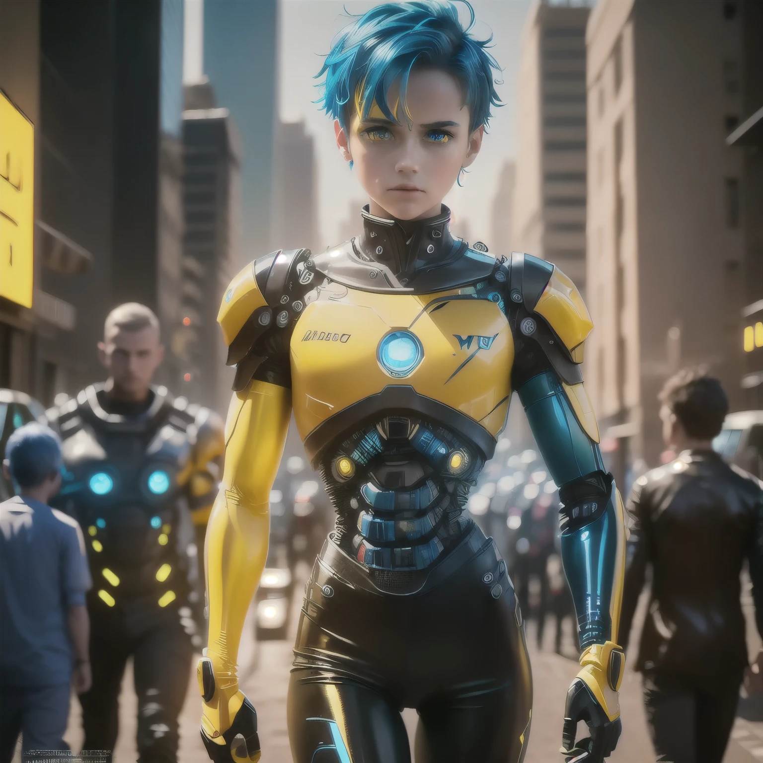 (masterpiece:1.3), (best cinematic quality:1.2), (extremely detailed setting:1), (soft+artistic lighting), (1boy), short blue haired, (eyes+yellow+red:1.4), (multicolored eyes+heterochromia), wearing cyberpunk clothes, futuristic, technological, city scenery with (robots around)0.4], giving dramatic scenery.