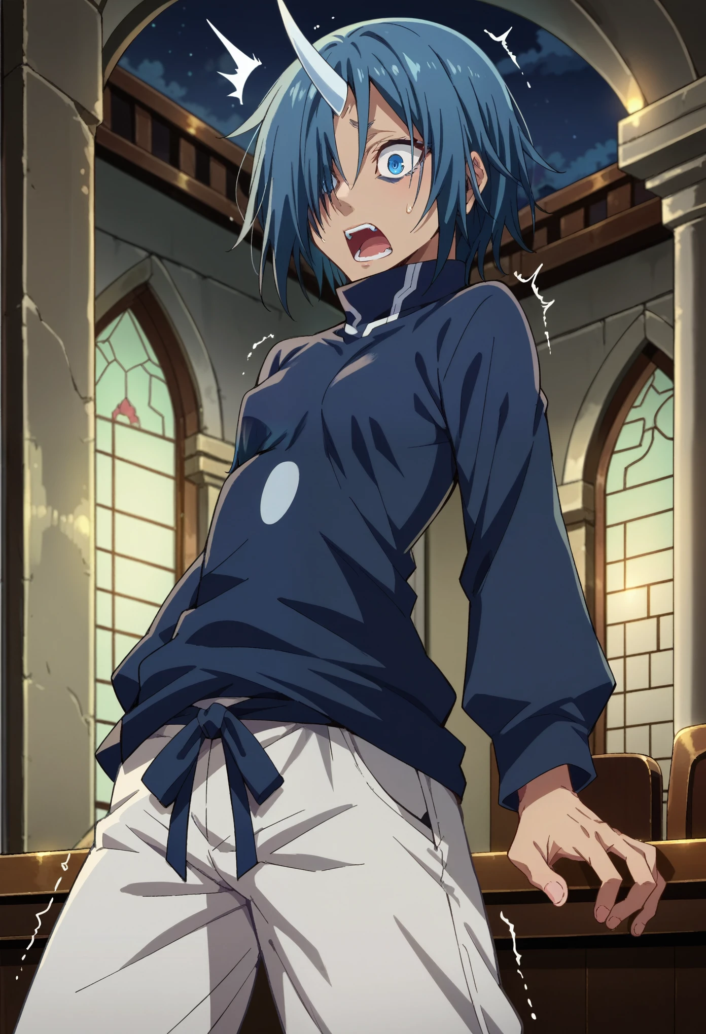 score_9, score_8_up, score_7_up, 1boy, solo, (small breasts:1.5), androgynous, souei_tensura, blue hair, (medium hair:1.5), blue eyes, hair over one eye, single horn, blue shirt, long sleeves, white pants, baggy pants, standing, shocked, opened mouth, shaking, looking down, night, inside a palace