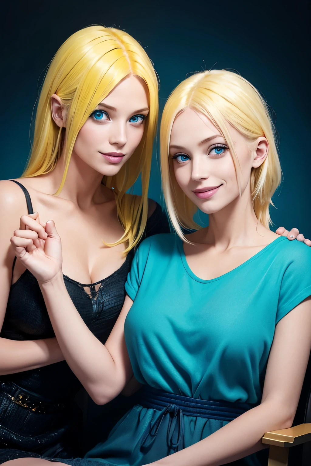 A mother and daughter yellow hair blue eyes on a magazine cover, vibrant colors, high-resolution, realistic portrayal, fashion-forward, loving bond, trendy attire, captivating smiles, natural beauty, professional lighting, contemporary style, artistic composition
