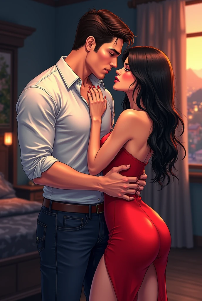 The man in his 45s with black very short hair and smooth face with moustache. The woman in her 45s with brown wavy long hair. They are naked. Night, dark, dim. The woman is leaning against the wall. The man is holding the woman in his arms. Lap sex. They are moaning. Orgasm. Passion. Erotic. Realistic. Ulrta realistic.