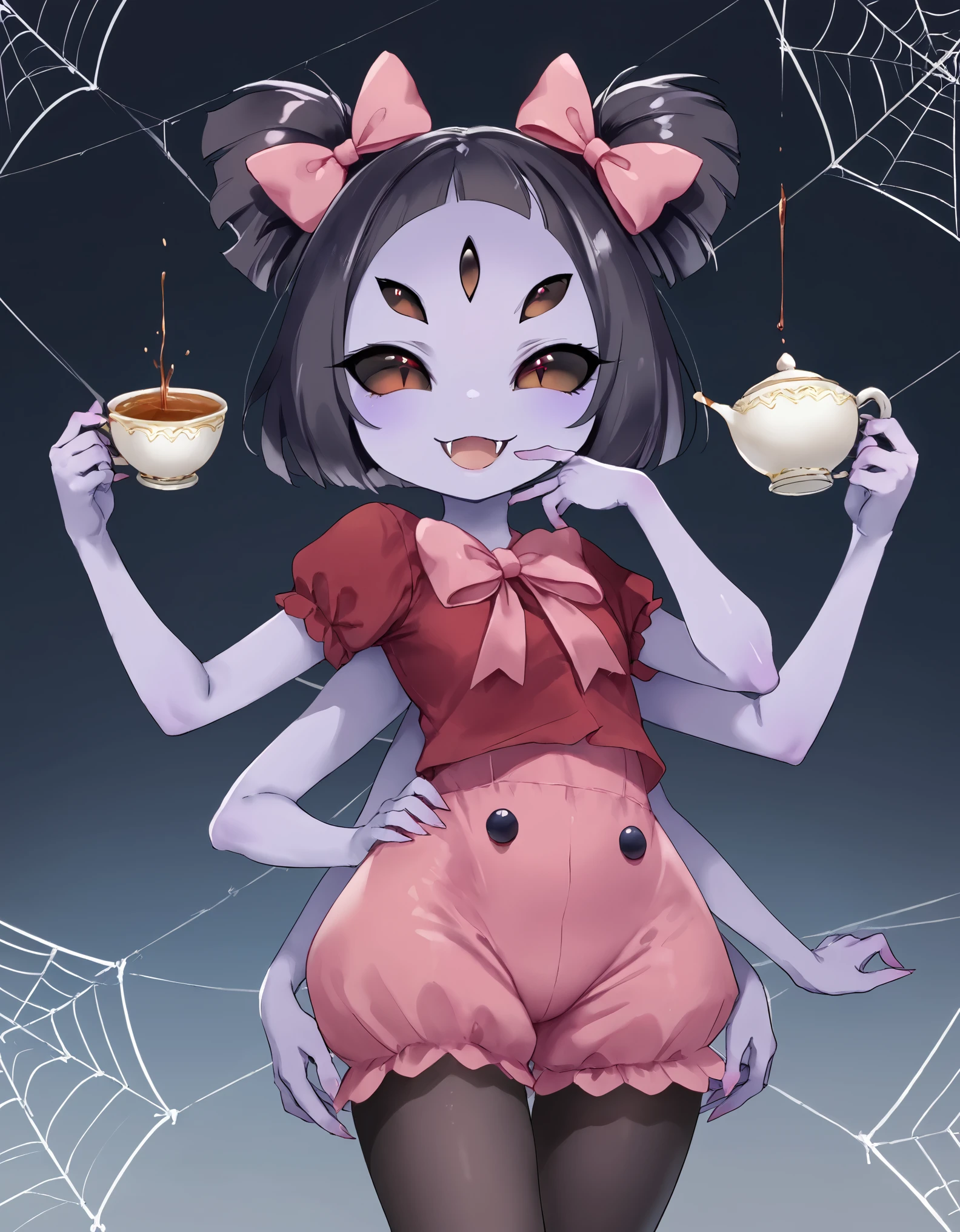 score_9, score_8_up, score_7_up, score_6_up, score_5_up, score_4_up, source_anime,source_furry,rating_safe,rating_questionable,masterpiece, best quality, perfect anatomy , very aesthetic , absurdres,solo,1girl\(muffet,cute,chibi,monster girl,purple skin,humanoid, arachnid, anthro,(fangs),twin tails,hair bow,5 eyes,spider girl,6 arms, 6 hands,black sclera,red eyes, evil smile, clothed, holding teapot, holding teacup,beautiful spider webs, tight red shirts,pink ribbon tie, tight pink bloomers,pouring tea into teacup,black arm cover, black pantyhose,\), from below,cute pose,small spiders,dynamic pose