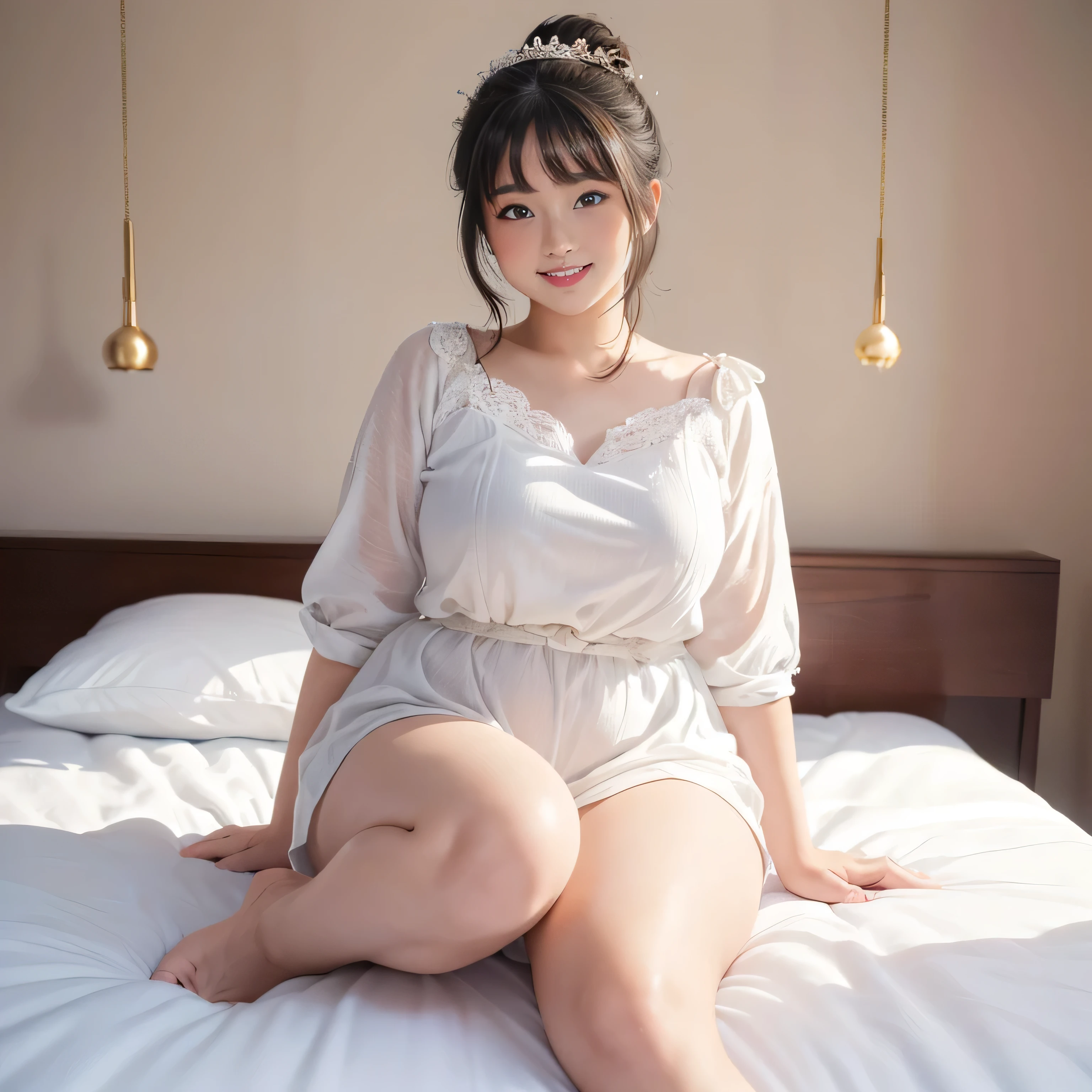 ((masterpiece、High resolution、Highest quality、Extremely detailed image quality､))､Big smile、Open your mouth, (solo､1 person:1.9)､Japanese、Calm face、Plump body、Cute hairstyle､Cute hair accessories､Shiny skin、Thick thighs､Look forward、Whole body image、(On the bed､In the girl&#39;s room:1.5)、(Expensive lingerie:1.7、Sexy Lingerie:1.5、)､(Panties with ribbon,)､ (Large Breasts、Glowing Skin、Shiny skin:1.4)､(Put your arms behind your back:1.2), (((Anatomically correct body, masterpiece, accurate, Winner of numerous awards, High detail, Textured skin,)))､((Leg spread､Spread your legs､Emphasis on the crotch､))、((((Swelling in the groin area､clitoris is erect､))))､